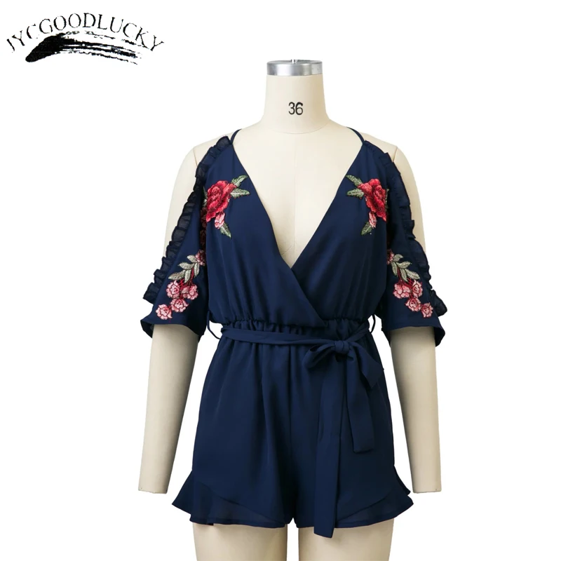Женский комбинезон с вышивкой и шортами летний открытыми плечами Комбинезоны на