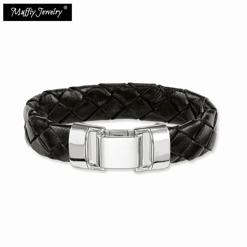 Черный плетеный кожаный браслет Блестящие модные ювелирные изделия для женщин в