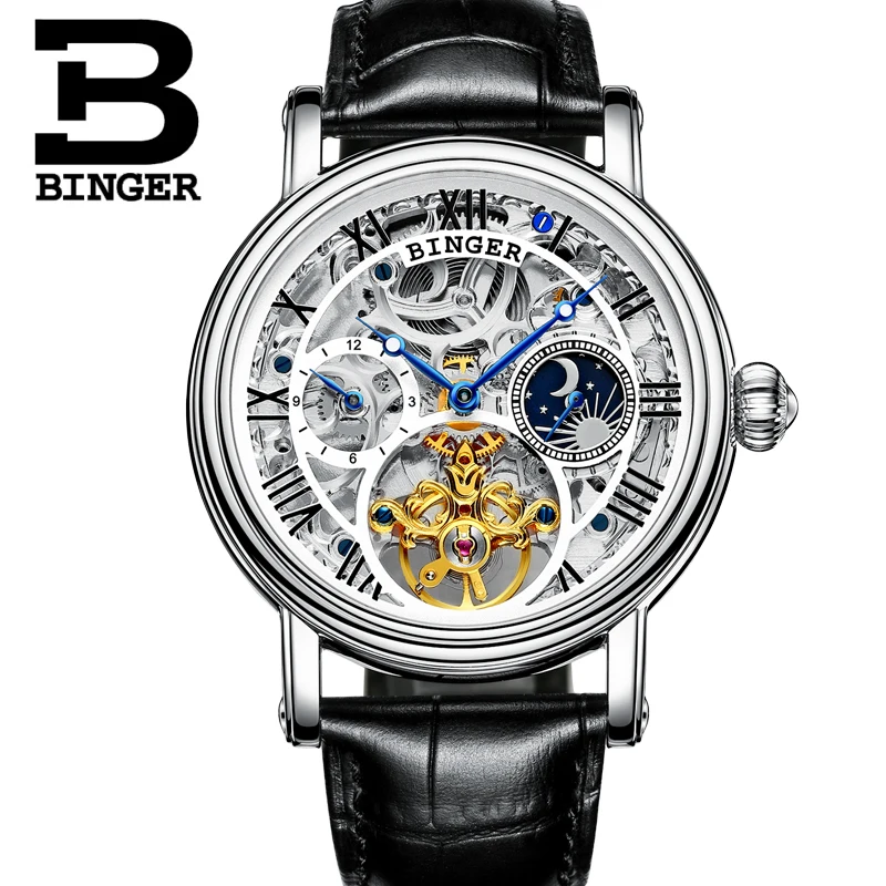 Люксовый бренд Switzerland BINGER мужские часы Tourbillon водонепроницаемые механические