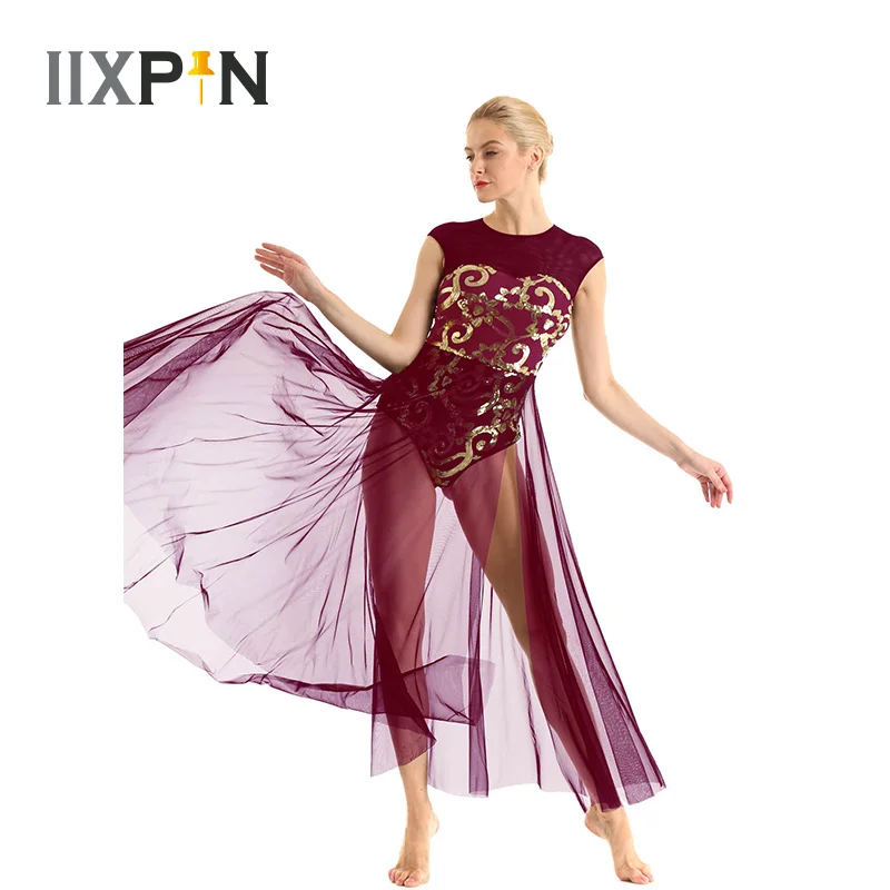 

2019 Women Lyrical Dance Dress Sleeveless Floral Sequins Tank Leotard Maxi Dress Modern Contemporary Dance Costume Ballet Dress