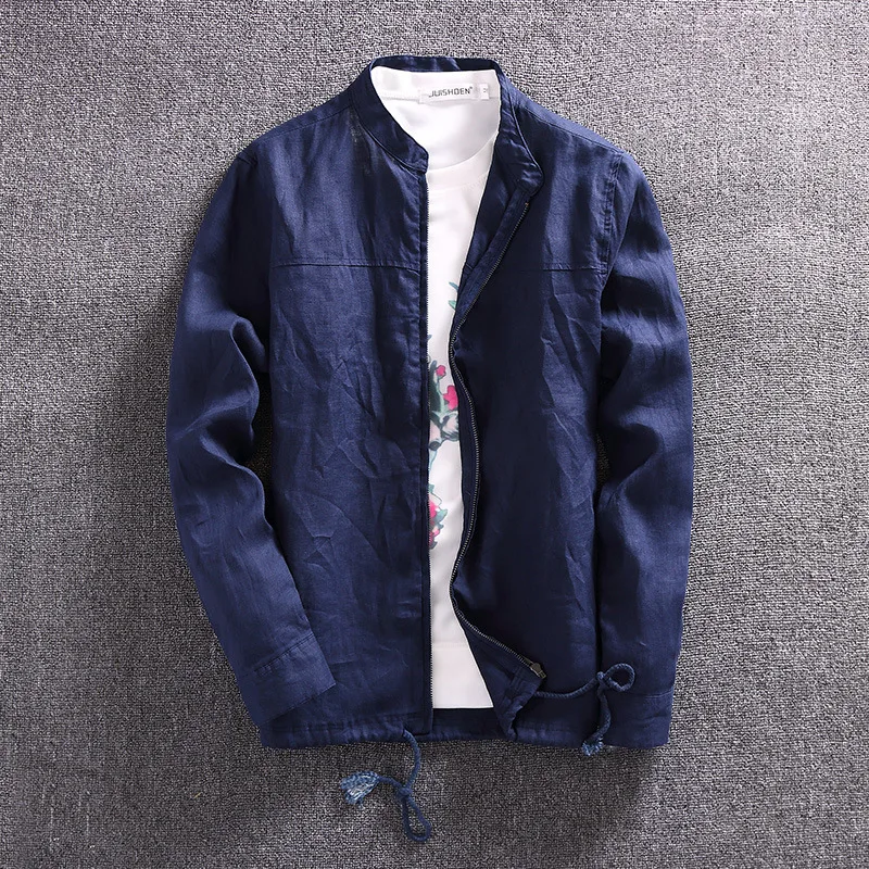 

Fall 2020 breathable linen jacket Men's casual thin loose pure color hemp material Collar jacket