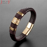 2019 new jewelry punk 12 color stainless steel accessories weave genuine leather women bracelet men bangles hombre pulseras