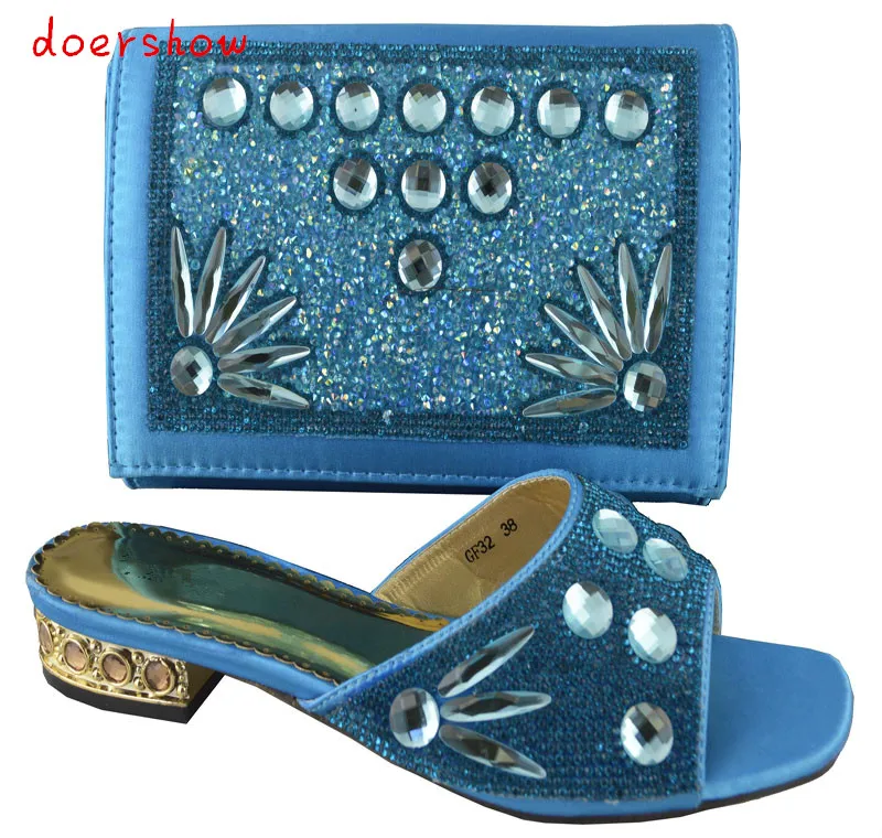 

doershow Free shipping New arrival african shoes and matching bag set with rhineston italian ladies high heels pumps blue!HP1-48