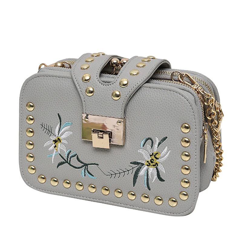 Цветок вышитые сумки женские заклепки Crossbody сумка Роскошные Дизайнерские