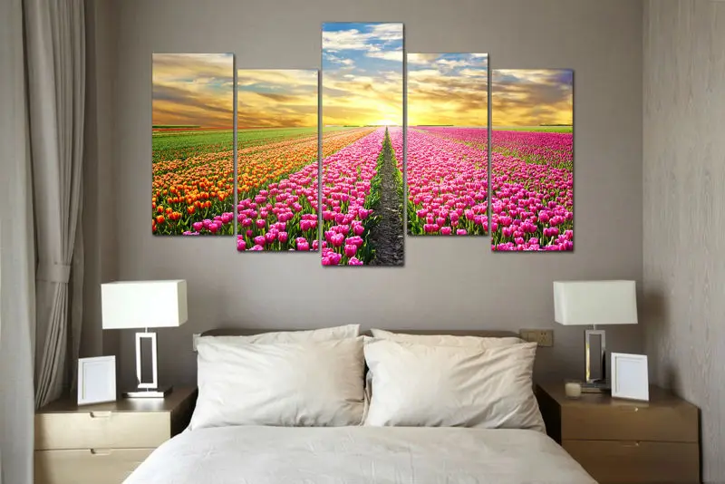 5 панелей большая картина с принтом утром розовый оранжевый тюльпан цветы холст