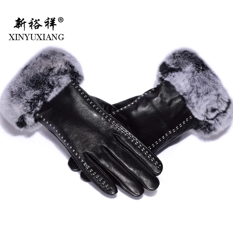 Genuine Leather Real Rex Rabbit Fur Gloves Women Touch Screen Fashion Bowknot Black Winter Female Sheepskin elegant gloves 2017 |