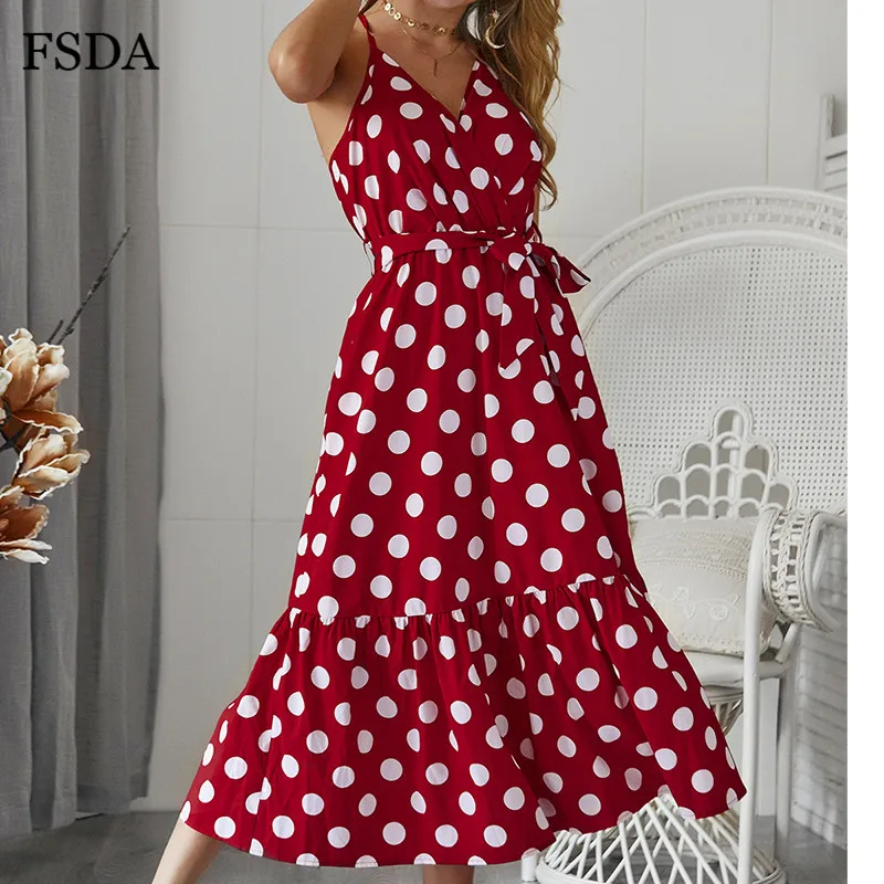 Женское пляжное платье миди FSDA Элегантное повседневное в горошек с запахом