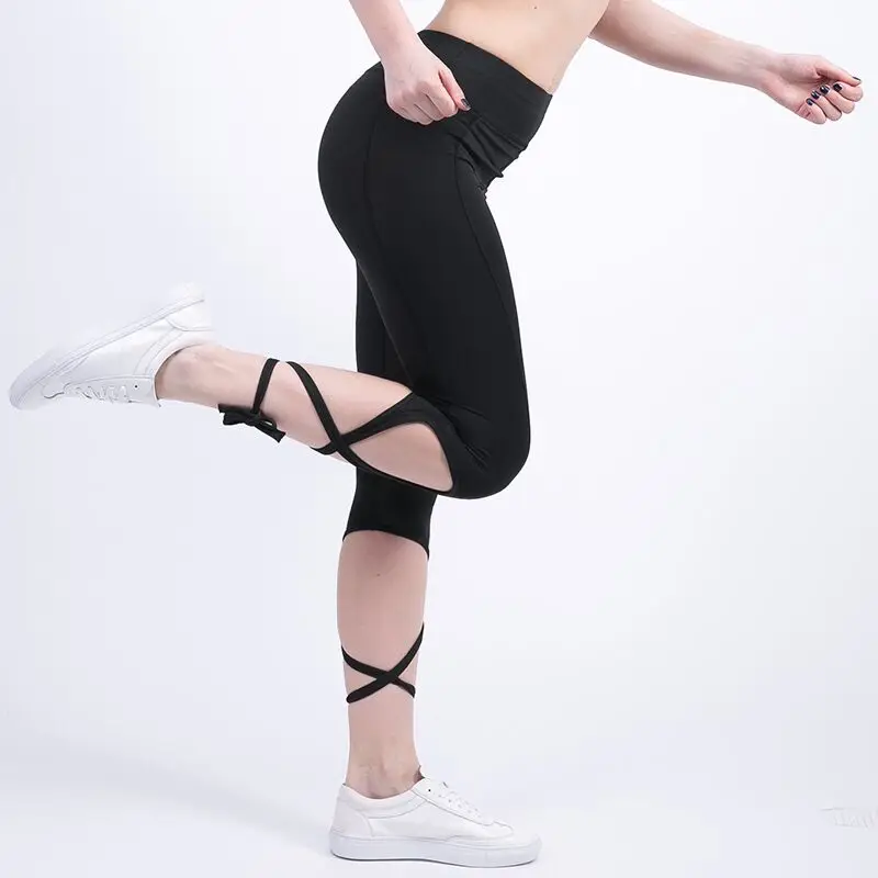 Women Ballerina Hollow Yoga Pants Sport Leggings Fitness Cross Bow Tie Yoga Ballet Dance Tight Bandage Yoga Cropped Pants