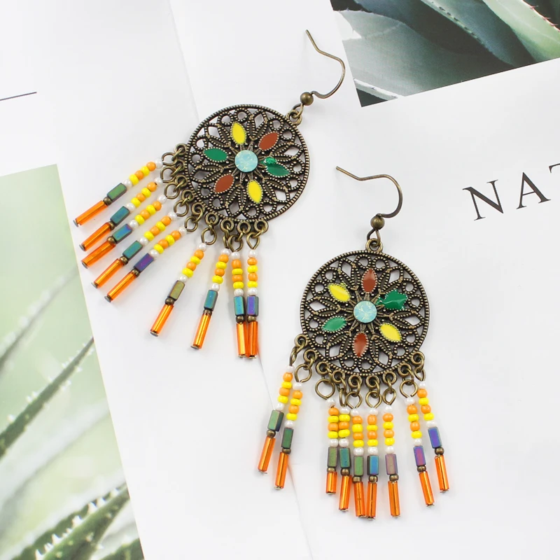 Round hollow carved sun flower inlaid with colored natural stone string of resin beads Tassel Drop Earrings Bohemian | Украшения и