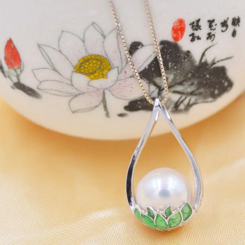 Genuine 925 Sterling Silver Natural pearl lotus Pendant Necklace 10-11mm freshwater necklace jewelry for women Enamel |