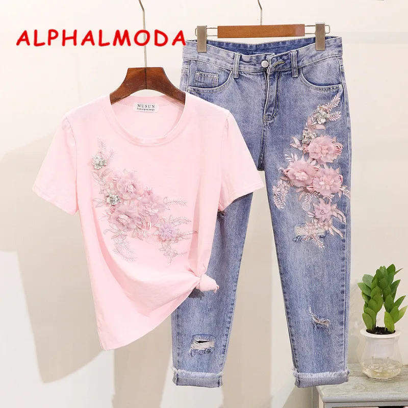 Женский комплект одежды ALPHALMODA модные 3D футболки с цветочным узором рваные джинсы