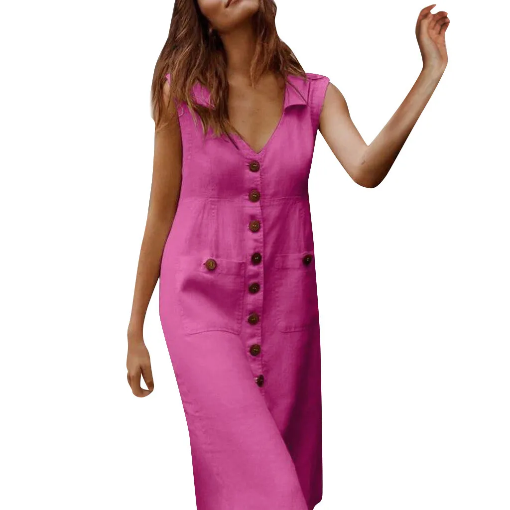 2019 новое летнее платье женское повседневное однотонное без рукавов с пуговицами