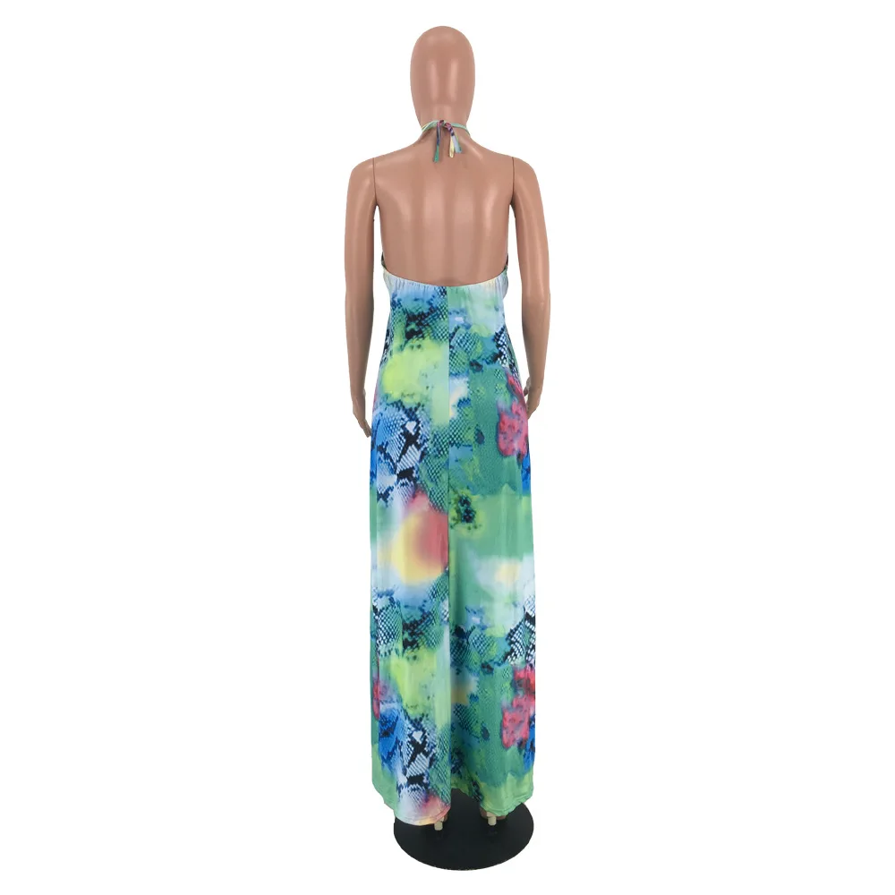 

HAOOHU New Sleeveless Multicolor Printed Open Back Halter Neck Loose Natural Waist Ankle-length Dress Fashion Sexy Party Dress
