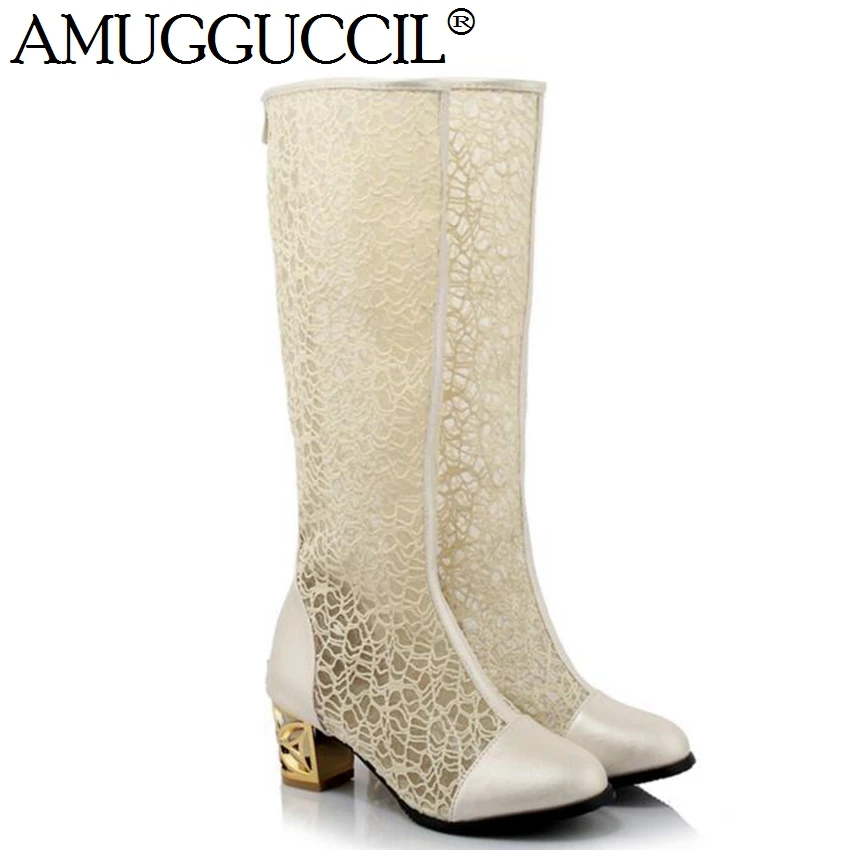 

2021 New Plus Big Size 32-46 Black White Apricot Lace Zip Fashion Sexy Mid Heel Spring Autumn Girl Females Lady Women Boots X163