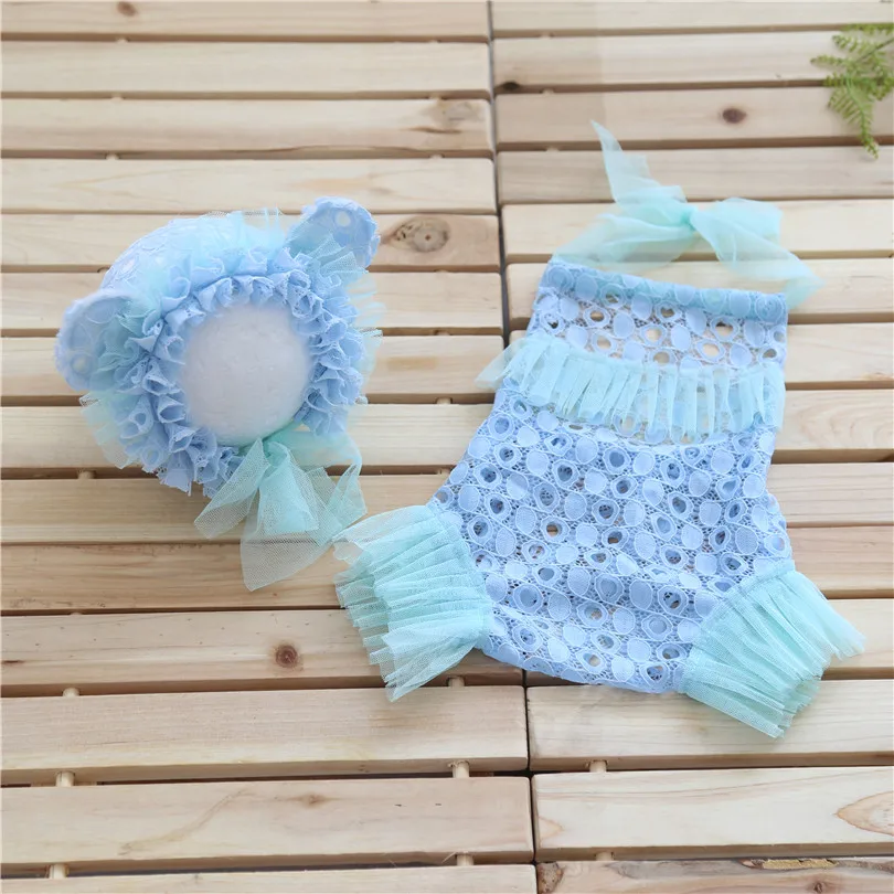 Комплект кружевной одежды для новорожденных девочек с рюшами голубой комбинезон
