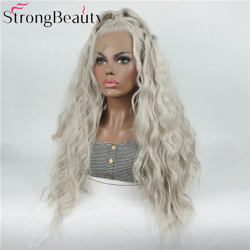 StrongBeauty свободный волнистый парик на кружеве бесклеевой Платиновый серебристо-серый парик термостойкие волосы с конским хвостом для женщин