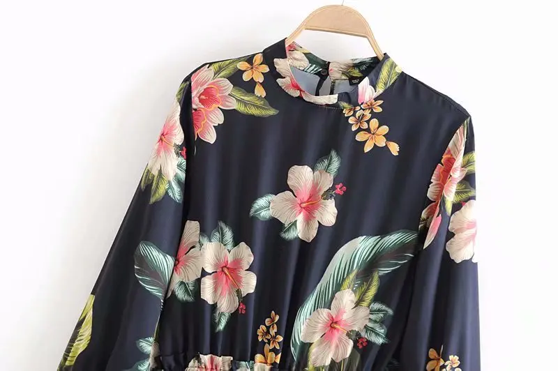 2019 женское винтажное платье с маленьким стоячим воротником и цветочным принтом