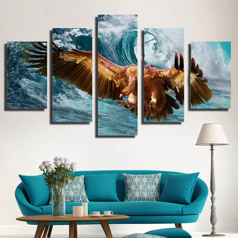 Горячая Распродажа 5 панелей HD с морской волны Eagle Wall Art Живопись на холсте Декор