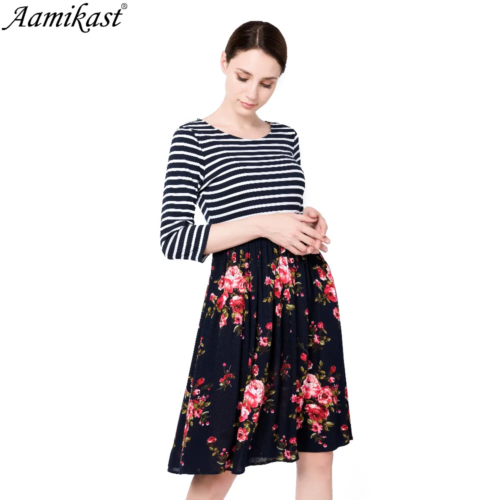 

Aamikast Autumn Womens Vintage Print 3/4 Sleeve O-Neck Pinup Wear To Work Office Casual Party Knee-Length Dress