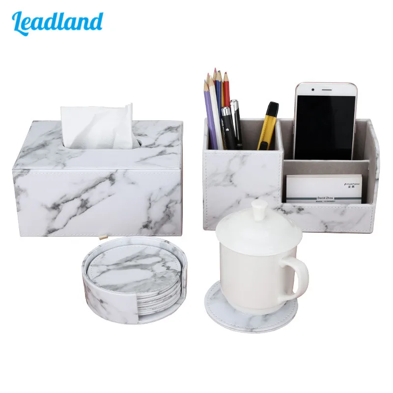 Office Supplies Marble Desk Organizer Set Wooden Pen Holder PU Leather Stationery Storage Box Tissue Boxes Square Cup Coaster