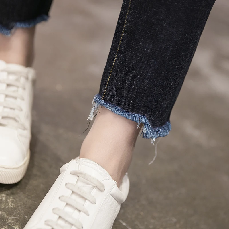 

Mid Waist Jeans Women Plus Size Pencil Pants Elastic Waist Denim Jeans Casual Trousers Pleated Brand Ripped Jeans Femme
