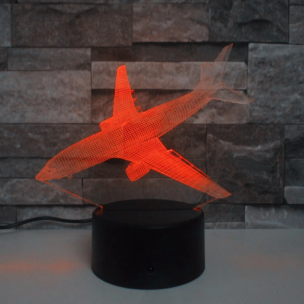 Ночсветильник 3D в виде самолета с дистанционным выключателем USB 7 цветов