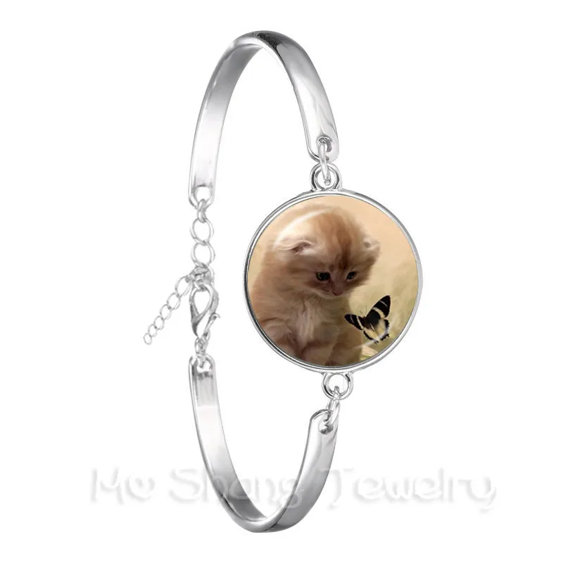 Cat Pet Trendy Bracelet 18mm Glass Cabochon Animal Handmade Silver Plated Chain Bangle Lover Creative Gift | Украшения и