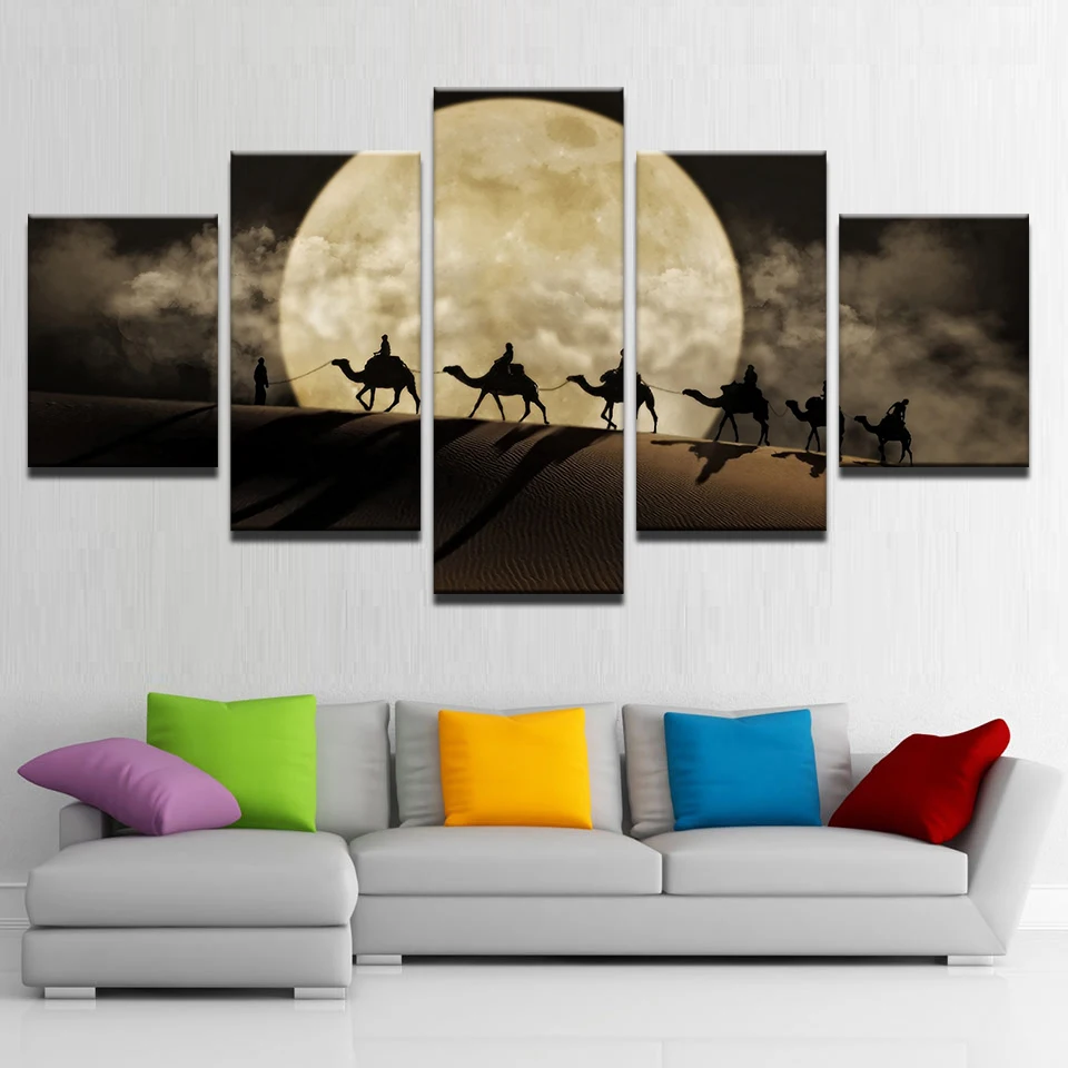 Modern Wall Art Canvas Pictures HD Prints Home Decor Living Room Frame 5 Pieces Camel Team Poster Full Moon In Desert Paintings | Дом и сад