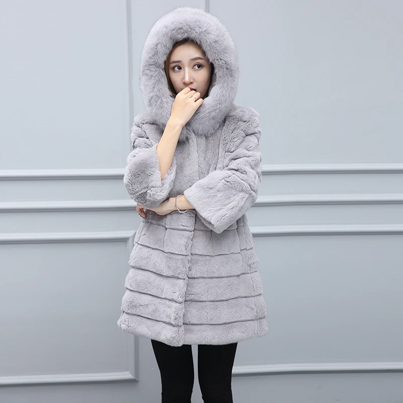 Real fox fur collar hooded natural rex rabbit coats outerwear women wave cut whole skin jackets plus size S - 4XL | Женская одежда