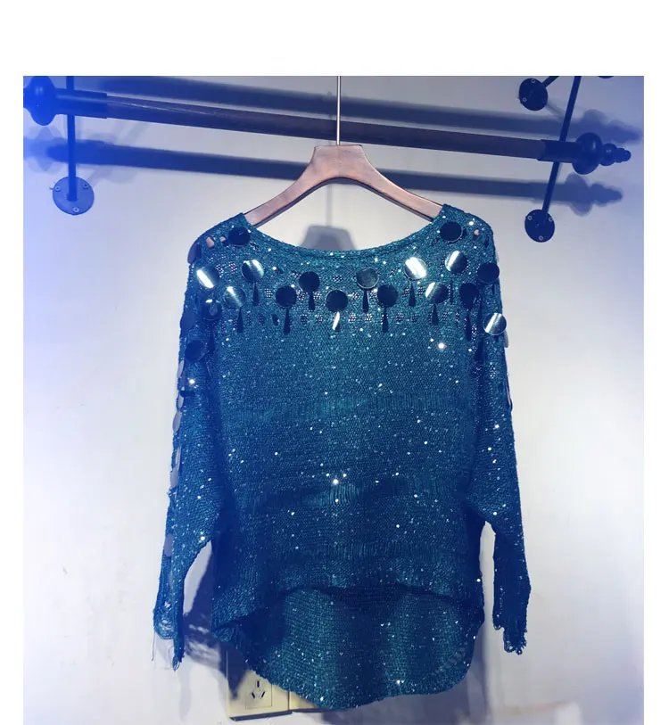 Cakucool Women Spring Knit Pullover Shirt Hollow Out O-neck Long Batwing Sleeve Sweaters Sequins Bling Loose Thin Top Feminino | Женская