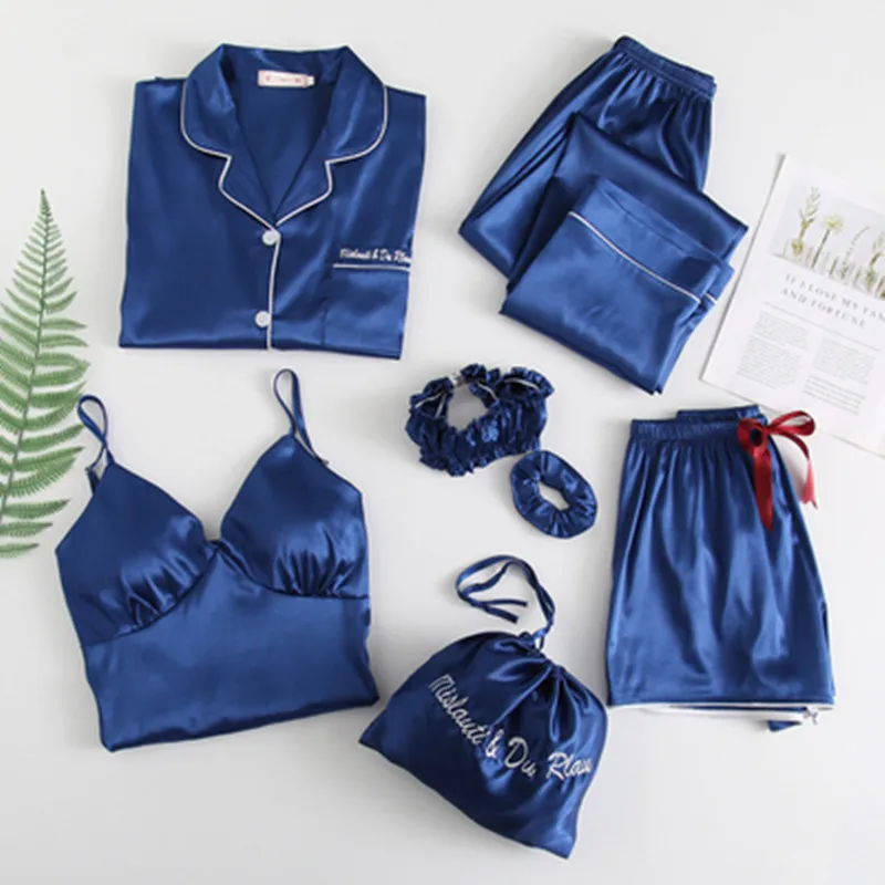 Pure Blue color Пижамный комплект, женская шелковая Летняя Сексуальная Цветочная Пижама, сексуальная женская рубашка с длинным рукавом, штаны, ручная работа, стежка, белье, полосатая Пижама - Цвет: Pure Blue color
