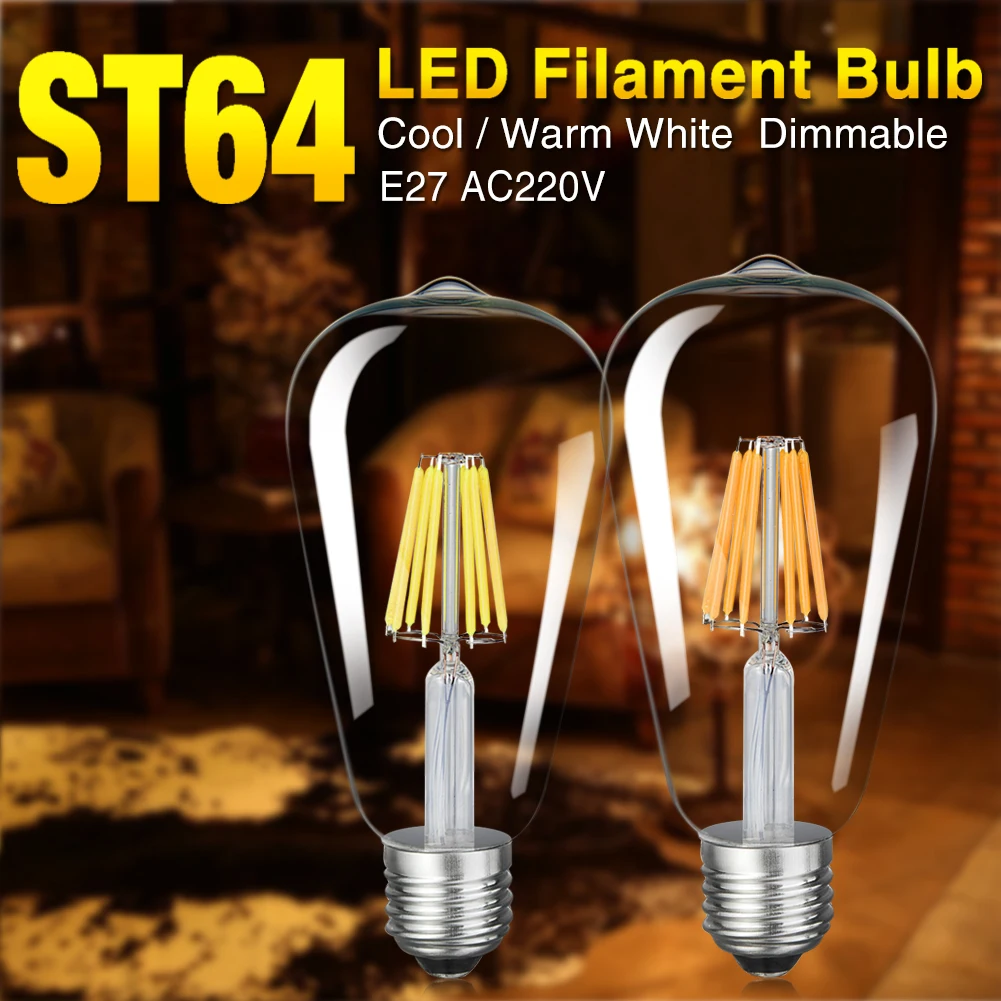 Дешевые 6 шт. 220V Винтаж Edison led диммер светильник E27 светодиодный лампы ST64 теплый белый 16 Вт Светодиодный светильник с регулируемой яркостью, ретро светильник для украшения дома
