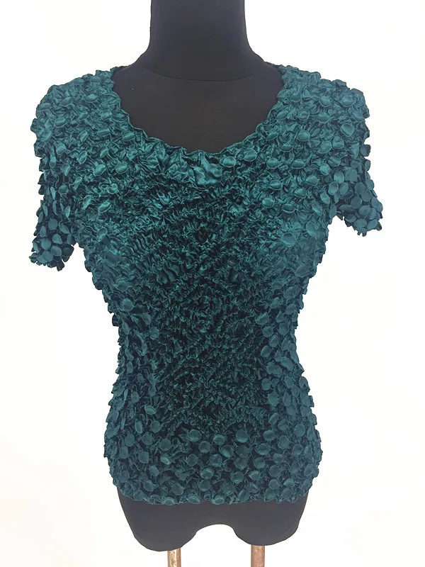 Dark Black Green Для женщин эластичные попкорна Топы с коротким рукавом рубашка монета рубашки - Цвет: Dark Black Green
