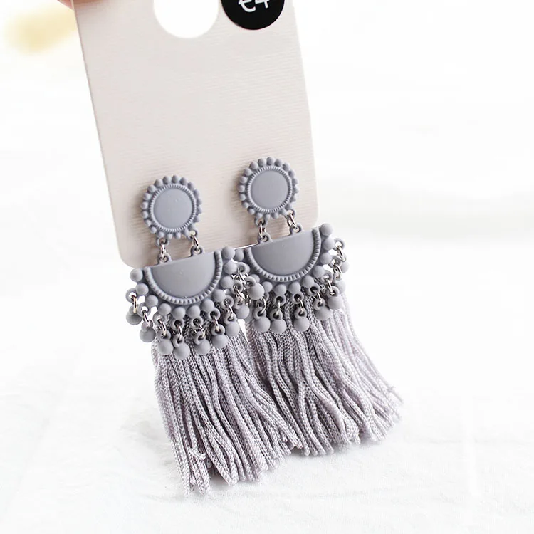 Boho, длинные серьги с несколькими кисточками,, модные, черные, розовые, Висячие, бусины, кисточки, серьги, Бронкос, шелковая бахрома, серьги, ювелирные изделия для женщин - Окраска металла: Gray