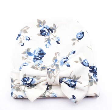 blue rose hat Шапка для новорожденного ребенка с цветочным узором и бантом; детская шапка для маленьких девочек; осенние шапки для больниц; мягкая хлопковая вязаная шапка для новорожденных; реквизит для фотосессии - Цвет: blue rose hat