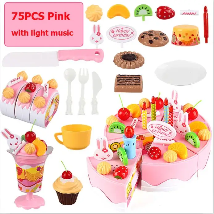 75pcs music light P 37-75 шт. Набор DIY ролевые игры срезанные игрушки торт ко дню рождения с музыкальным светильник Кухонные Игрушки для еды Cocina De Juguete для девочек подарок - Цвет: 75pcs music light P