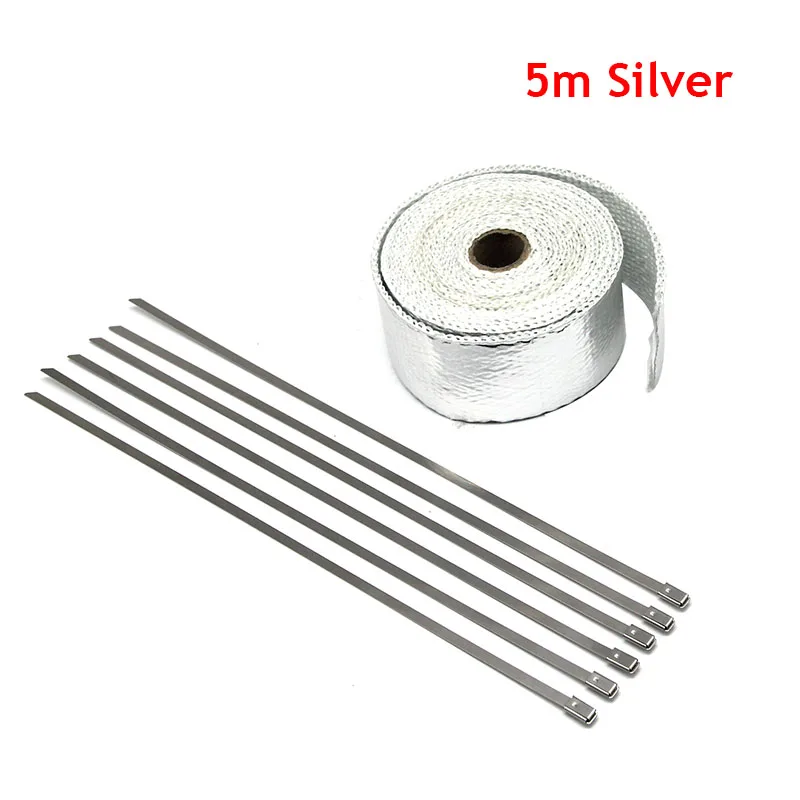 5M Silver ZSDTRP " x50' лента для сохранения тепла выхлопных газов титан/черный мотоциклы выхлопная труба анти-Горячая обертка теплоколлектор изоляционная ткань рулон+ галстуки - Цвет: 5M Silver