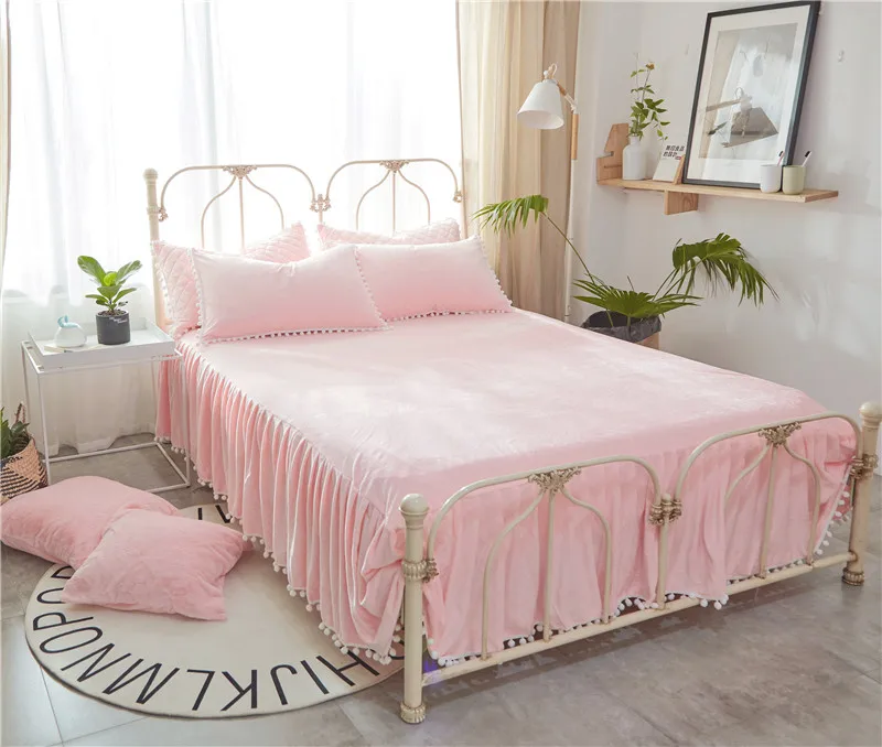 

Pink White Gray Red Princess style Fleece Fabric Winter Thick Bedding set Duvet Cover Bed Sheet Bed skirt Pillowcases 3/4pcs