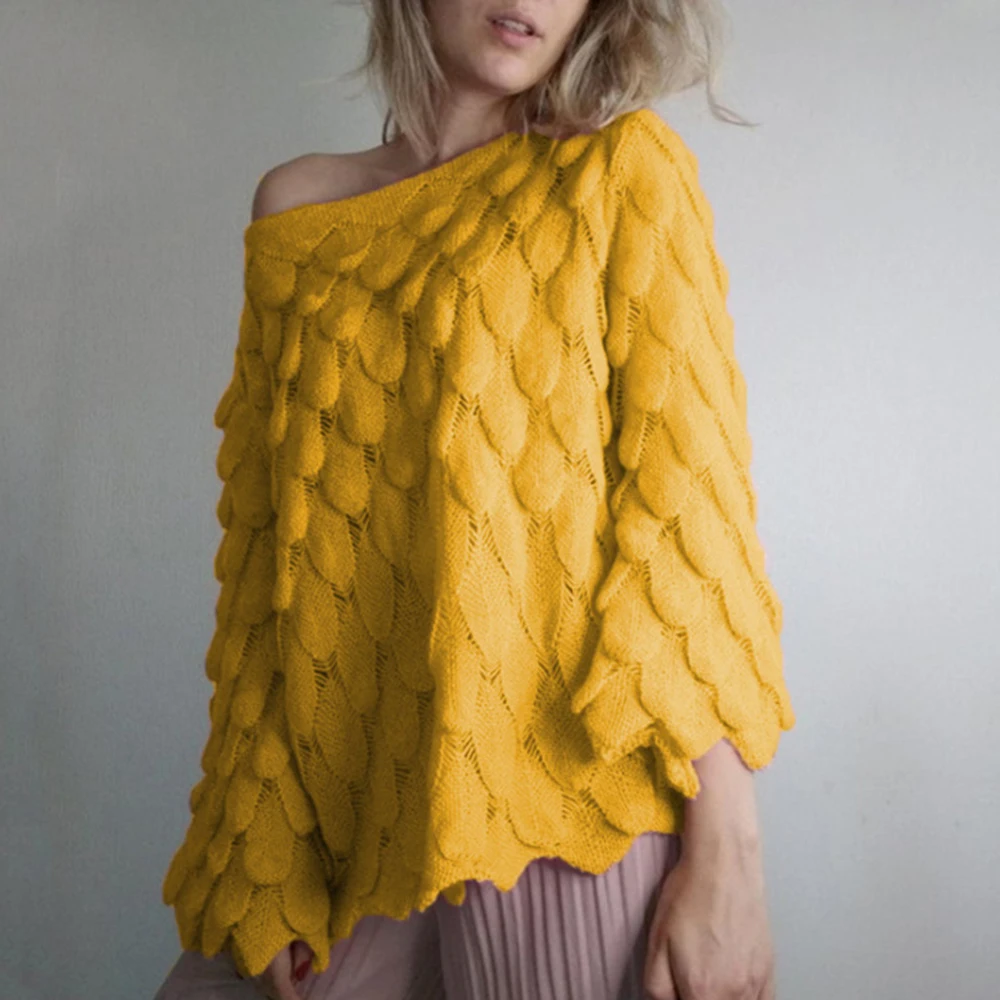 Women's Fashion Sexy Slash Neck Off Shoulder Flare Sleeve Sweaters 2019 New Feather Shape Casual Loose Knit Pullovers | Женская