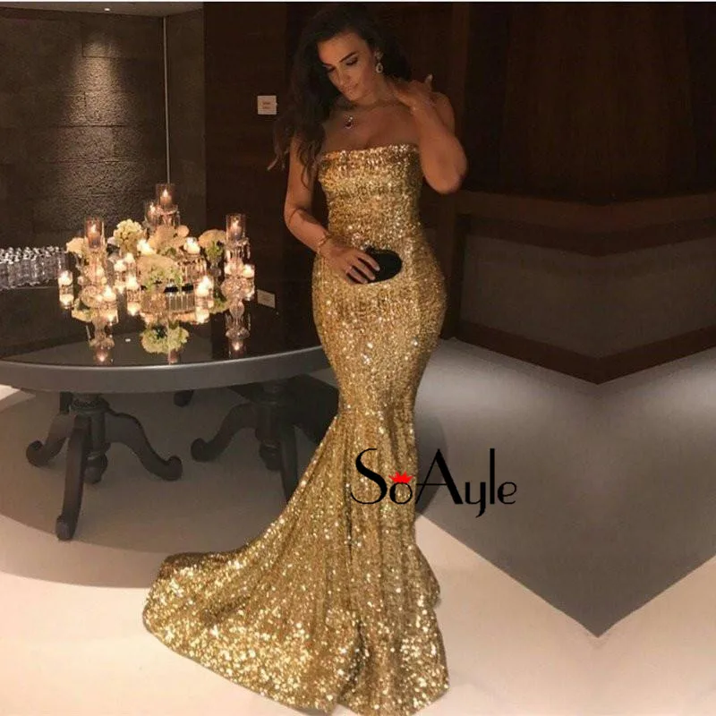 Женское вечернее платье-Русалка SoAyle золотистое платье без бретелек модель 2019 |