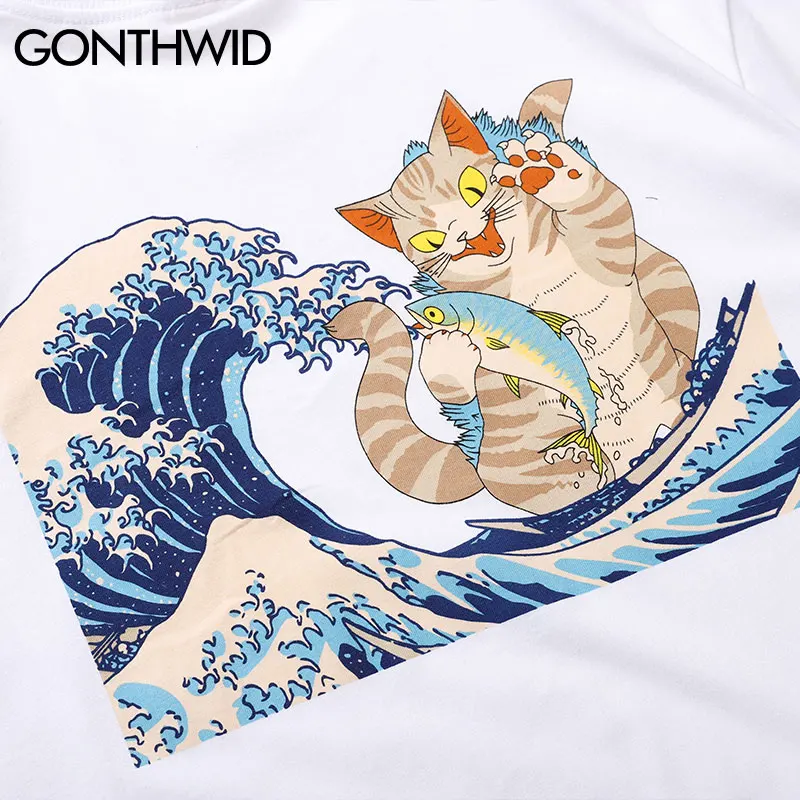 GONTHWID японский укийо-е кошка волна печати футболки уличная летняя Harajuku