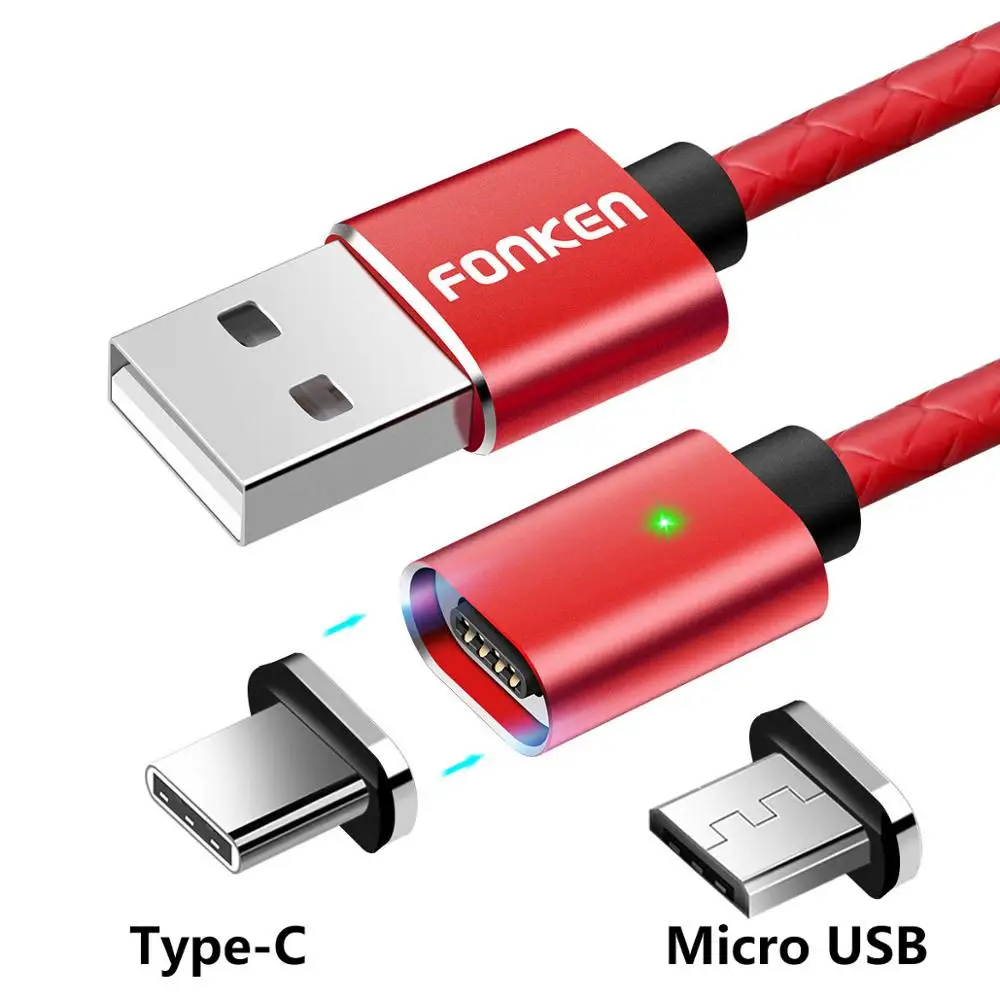 2 plug 1 Red Cord FONKEN 2 в 1 usb type C Магнитный кабель Micro USB Магнитный кабель для телефона 1 м светодиодный шнур для зарядки мобильного телефона Кабели из искусственной кожи type-C - Цвет: 2 plug 1 Red Cord