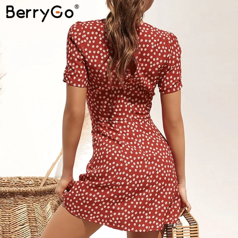 Платье мини женское с цветочным принтом V образным вырезом и коротким