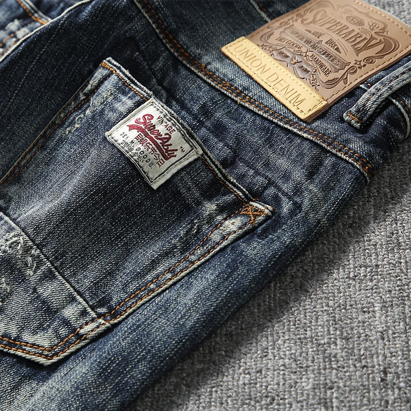 

Japanese Style Fashion Men Jeans Retro Slim Fit Black Green Spliced Ripped Jeans Men Superably Brand Vintage Classical Jeans