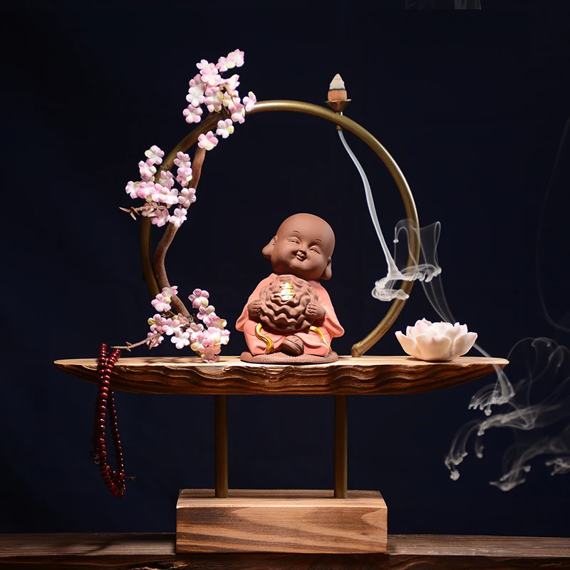 

Chinese Style Backflow Incense Burner Natural Wood 3D Artificial Plum Flower Ceramic Character Censer / Home Lucky Decor Crafts