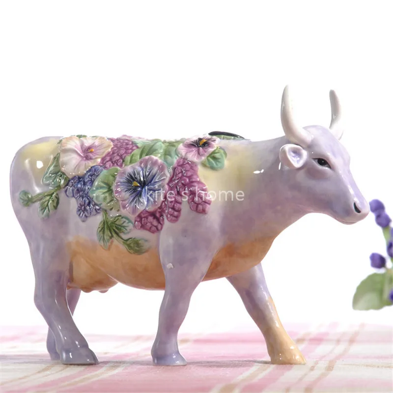 

Flowers Cow Bull Figurine Ceramic Cattle Craftworks Gift Animal Ornament Furnishing Study Office Decoration R1609