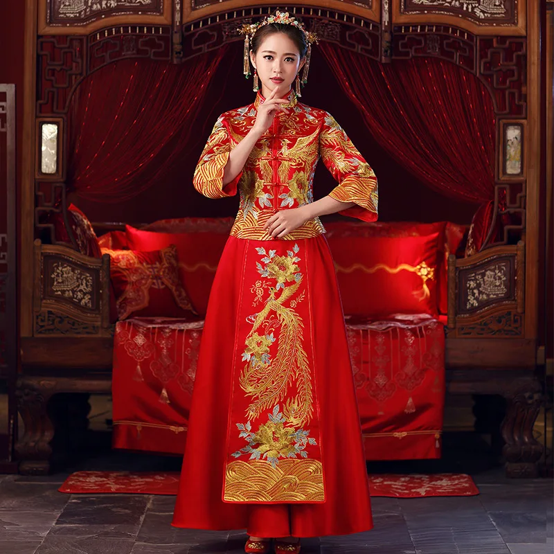 Винтажное красное свадебное платье Cheongsam с вышивкой в традиционном китайском