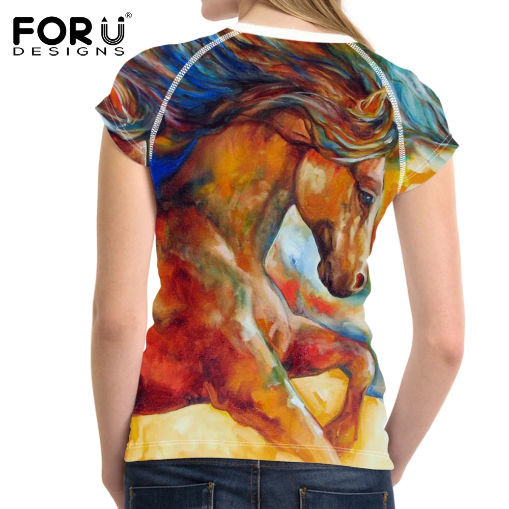 

FORUDESIGNS 3D Crazy Horse Women Oil Painting T Shirt Wholesale Shirt Short Sleeved Ladies T-shirts Tops Feminine Harajuku Style