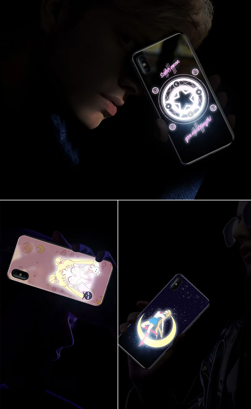 EKIND Сейлор Мун закаленное стекло чехол для iPhone X XS XSMAX Led логотип флэш-стекло чехол для iPhone защитный чехол для телефона