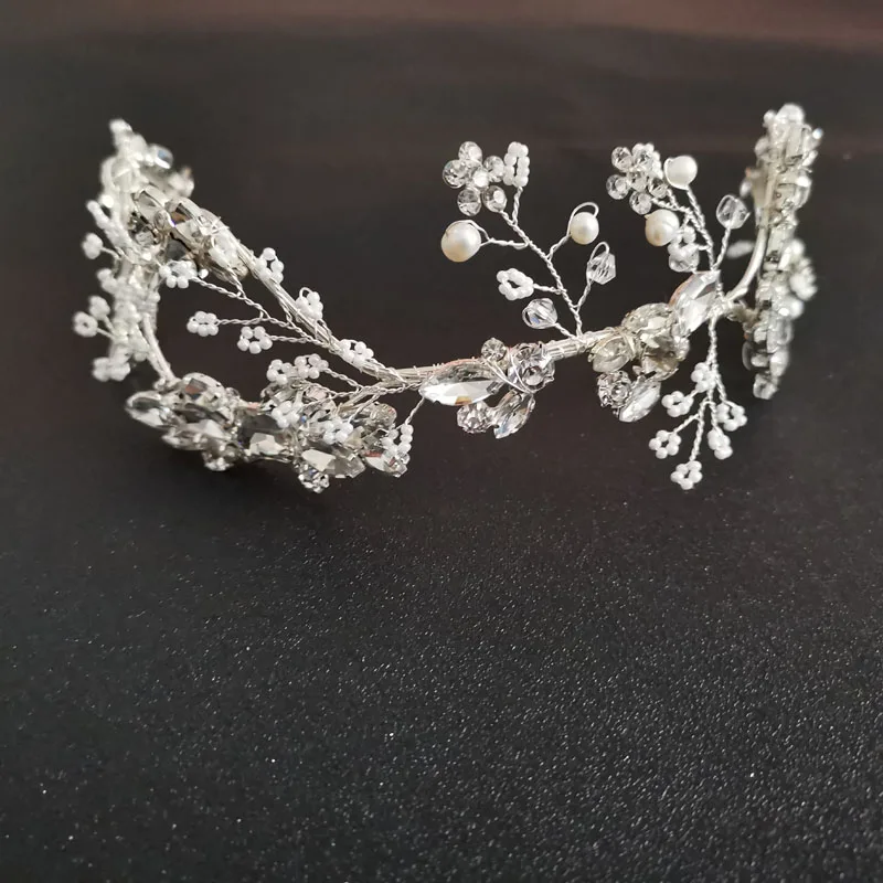 SLBRIDAL гибкие стразы Кристальный пресноводный жемчуг свадебная тиара головная